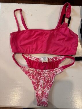 Roxy Hot Pink Bikini Set with White Floral Trim